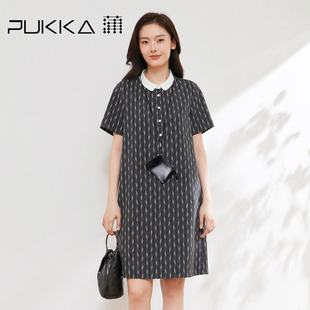 新品 连衣裙女2026夏季 宽松型文艺城市通勤A字裙 印花短袖 蒲PUKKA