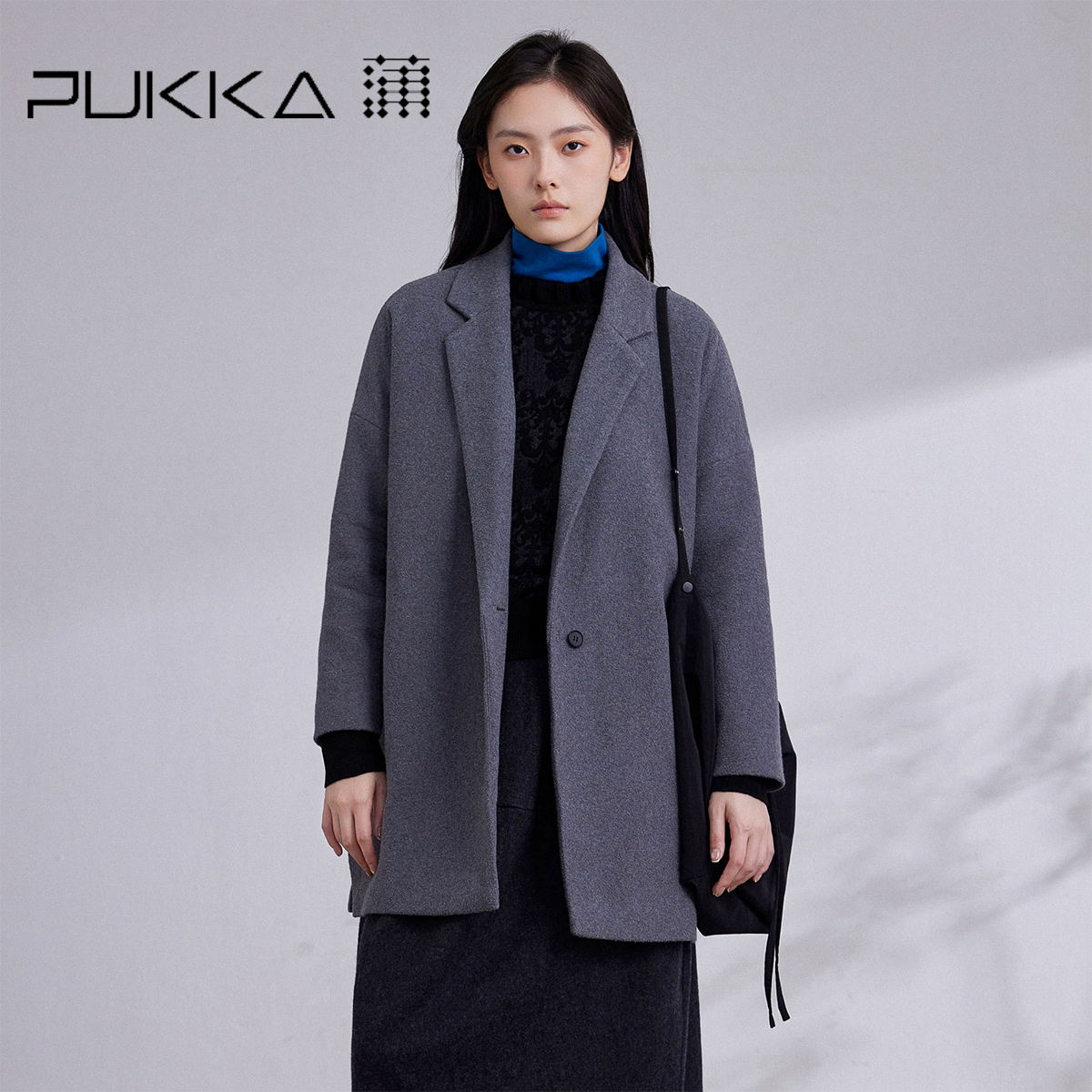 蒲PUKKA宽松休闲中长款棉羊毛呢