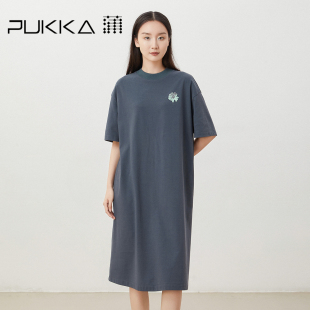 宽松圆领中长裙 蒲PUKKA 慵懒廓形直筒连衣裙女裙子夏短袖