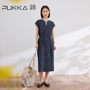 天丝亚麻新中式 新品 小V领显瘦连衣裙 春夏季 蒲PUKKA