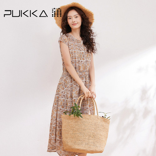 蒲PUKKA亚麻碎花收腰显瘦连衣裙