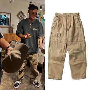 余文乐日系复古水洗重磅工装裤男破洞刀割阔腿长裤宽松休闲伞兵裤