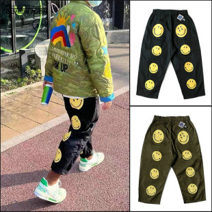 22ss潮牌KAPITAL平田和宏日系复古笑脸印花宽松休闲九分长裤 男女