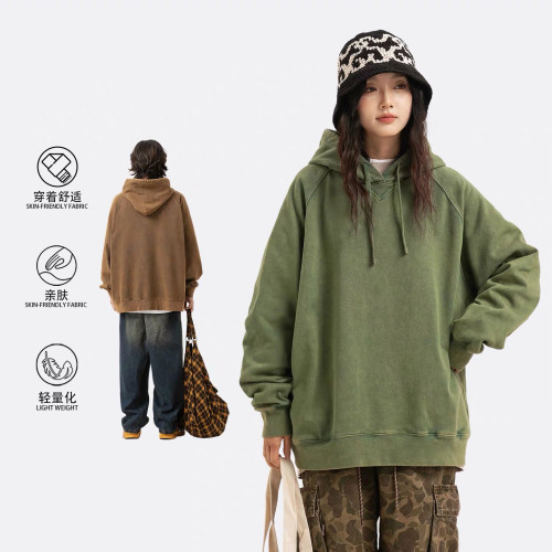 日系重磅美式水洗做旧复古情侣款潮牌百搭纯色连帽衫街头套头卫衣