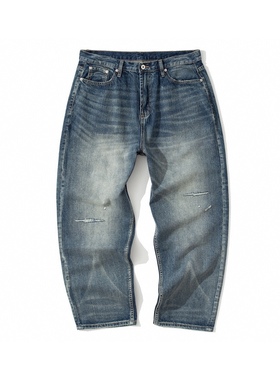 水洗做旧破洞浅色牛仔裤男潮牌宽松阔腿裤男士复古休闲浅蓝色裤子