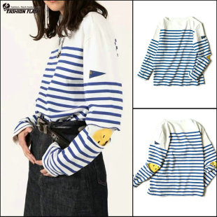 笑脸拼接打底衫 22AW 蓝白条纹纯棉宽松三旗长袖 平田和宏 KAPITAL