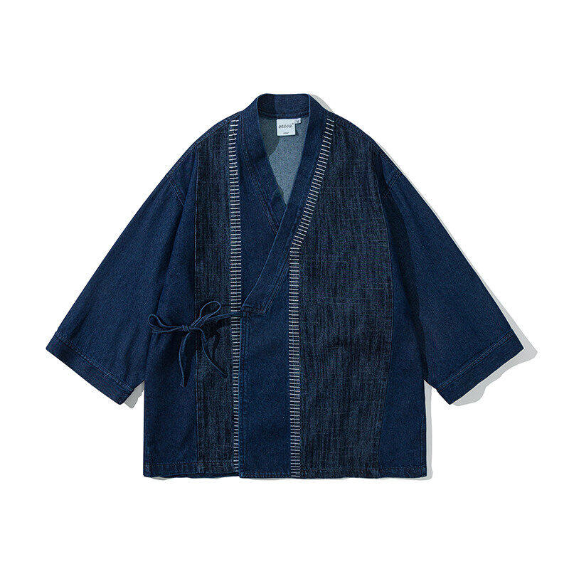 日系和服感牛仔外套女中长款春秋新款抽绳系带复古男女情侣夹克潮