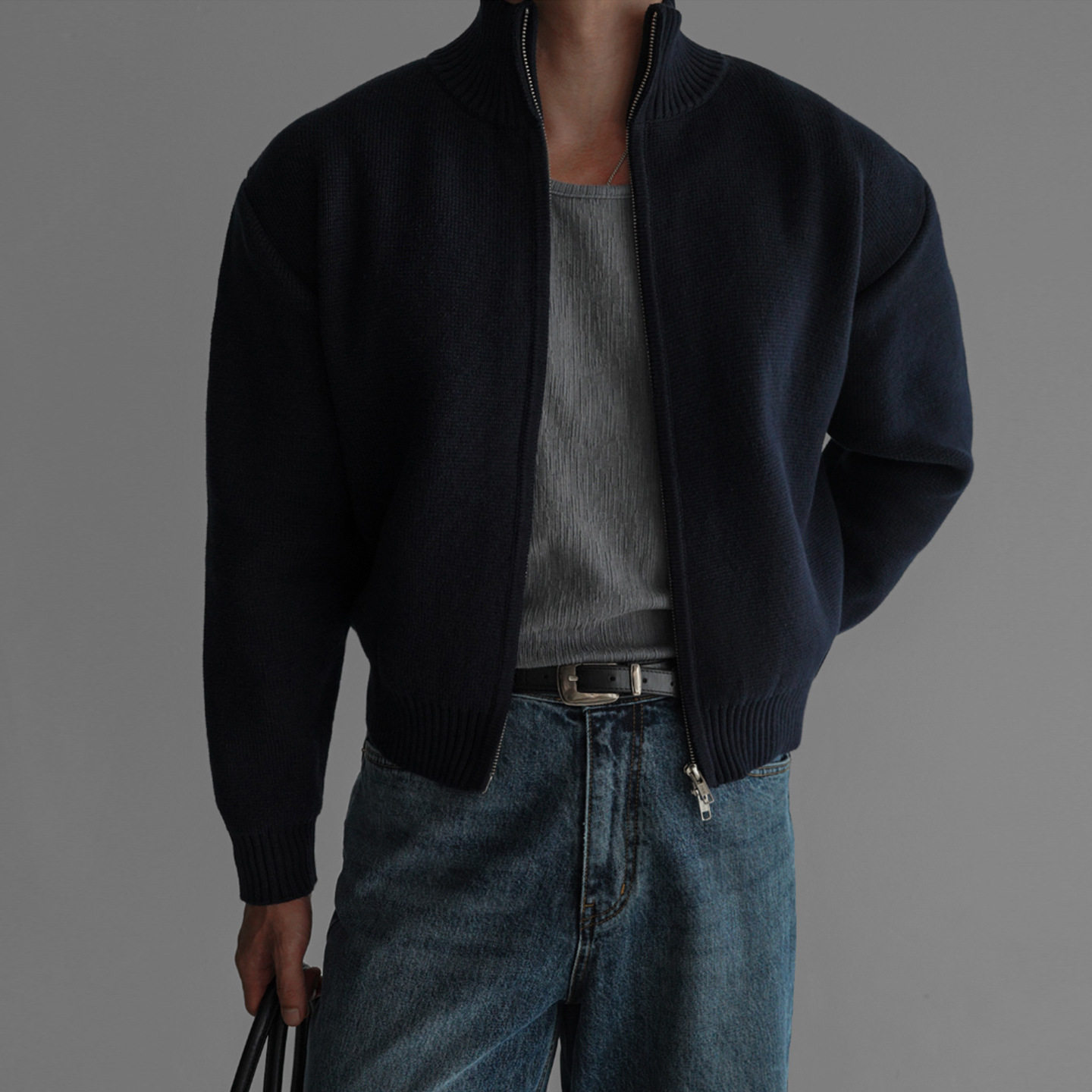 高级感拉链针织外套男士慵懒风秋冬穿搭毛衣开衫宽松休闲毛线上衣