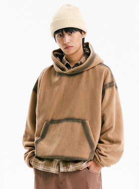 日系复古重磅摇粒绒连帽卫衣男女情侣基础款秋冬做旧水洗套头外套