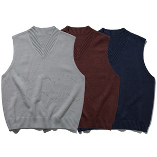 秋冬 日系kapital vintage复古校园风背心男女休闲马甲v领针织衫