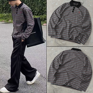 CH新款潮牌梵文字母条纹提花刺绣宝剑十字polo翻领男女ins长袖T恤