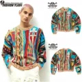 Red Indian Print Color Block Sweater