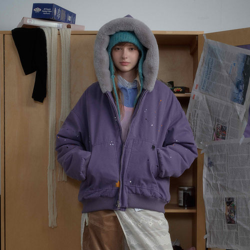 日系毛领连帽棉服加厚冬季男女款街潮牌朋克油漆泼墨工装外套棉衣