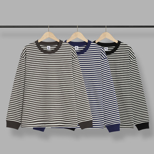 日系阳光少年感280g重磅蓝白条纹情侣长袖 女t T恤男宽松休闲打底衫