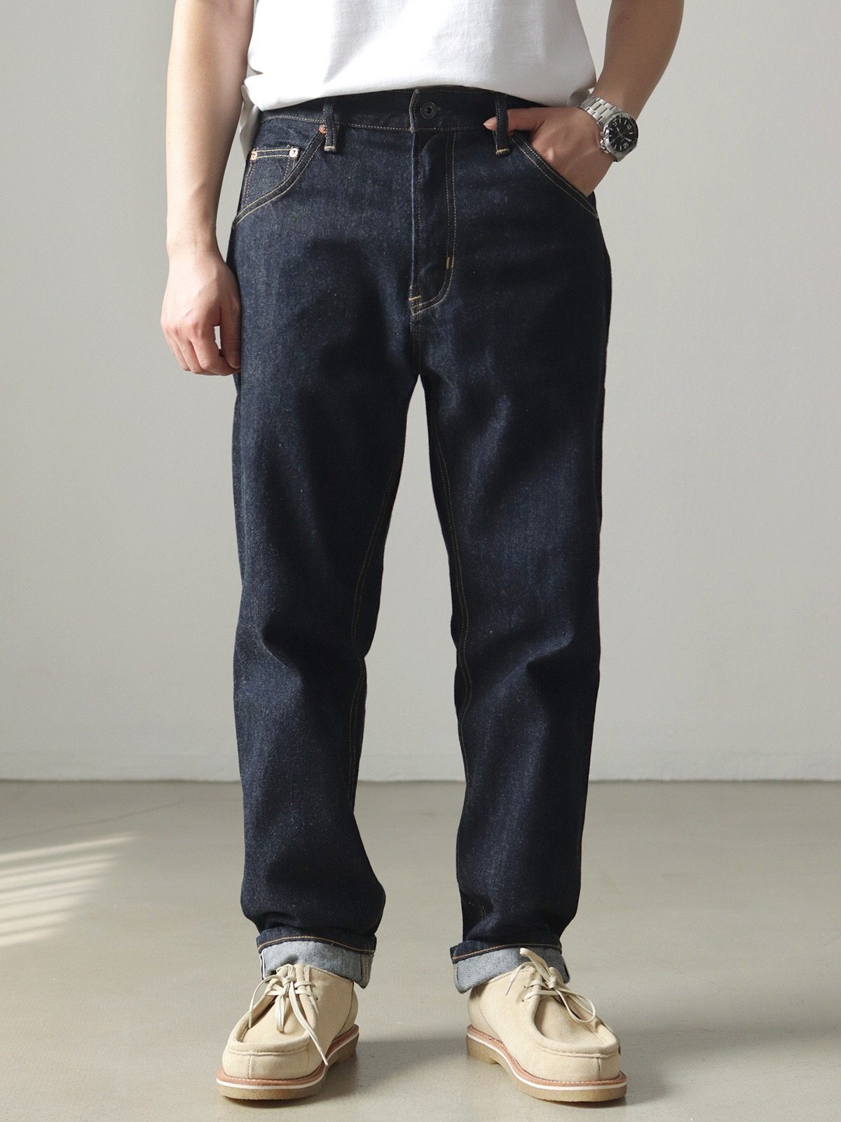 日系14盎司加厚重磅水洗赤耳丹宁牛仔裤男阿美咔叽直筒牛仔长裤子