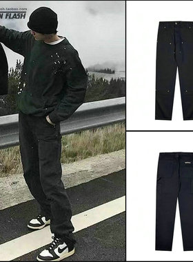 高奢潮牌CH黑色重工925纯银铆钉纽扣男帆布直筒工装裤宽松休闲长