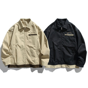 日系复古阿美咔叽字母刺绣工装夹克男女宽松底特律休闲翻领外套潮