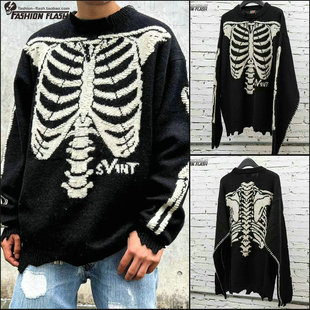 高街SAINT MICHAEL联名手工骨骼刺绣羊毛混纺制破坏针织宽松毛衣