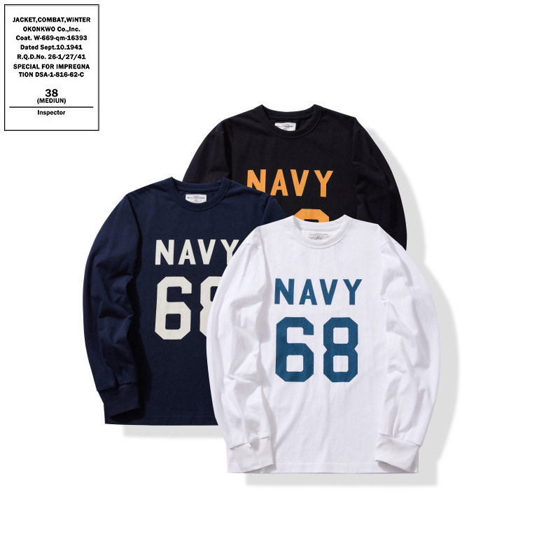 日系重磅280克潮牌NAVY68字母印花T恤学院风复古长袖T恤TEE男女款