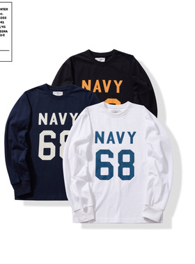 日系重磅280克潮牌NAVY68字母印花T恤学院风复古长袖T恤TEE男女款