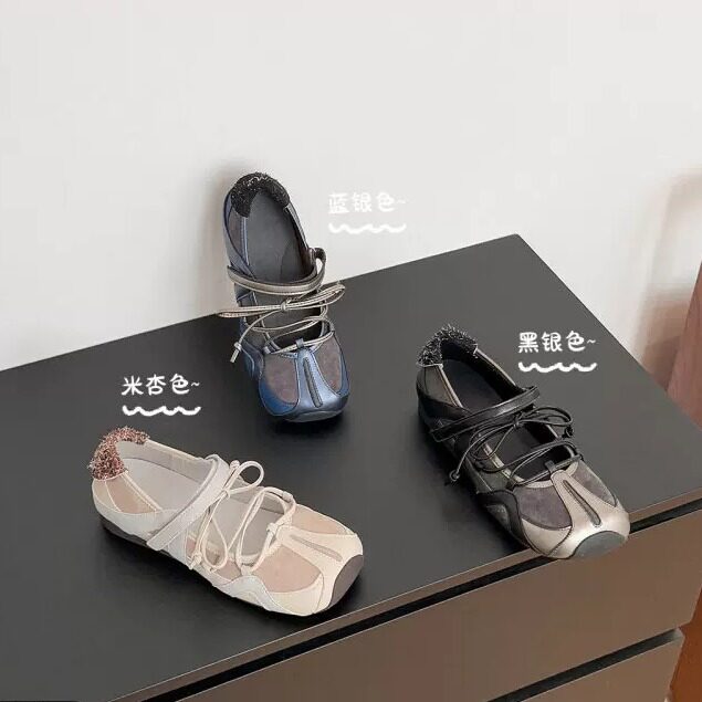 真皮厚底芭蕾风单鞋女2026夏季网面透气新款运动休闲绑带玛丽珍鞋