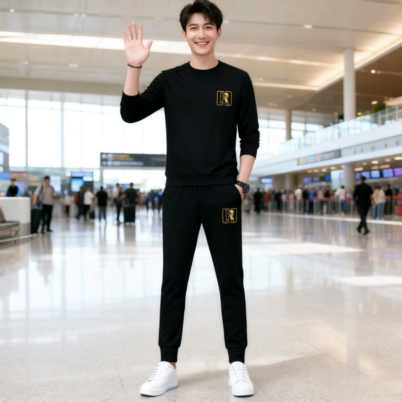 欧洲站轻奢男士休闲套装时尚潮流加绒加厚秋冬款男装运动服两件套