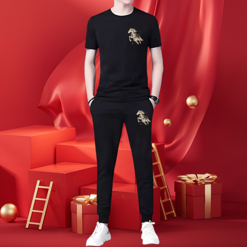 2026马年新款男士冰丝短袖长裤两件套高档国潮印花男士休闲运动服