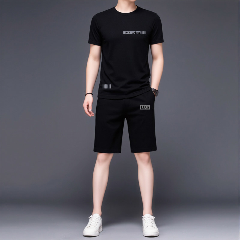 欧洲站夏季男士短袖短裤套装潮流百搭冰丝速干休闲运动服两件套男