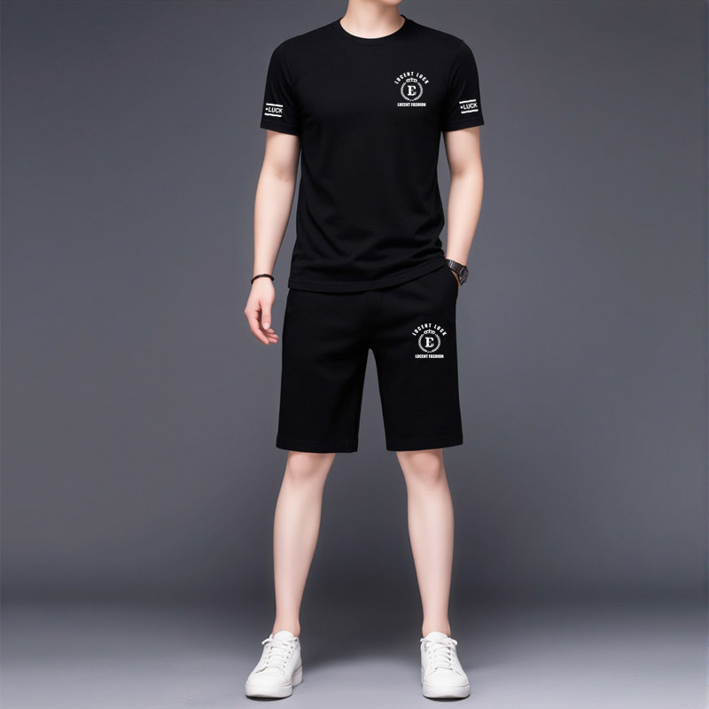 夏季男士冰丝速干运动套装高档韩版印花短袖短裤休闲健身两件套