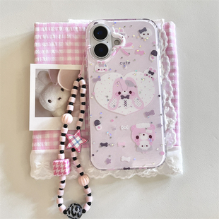 韩风ins卡通可爱少女心粉色兔子小熊星星闪粉16promax适用iphone15pro双层14手机壳苹果13创意星星链条保护套