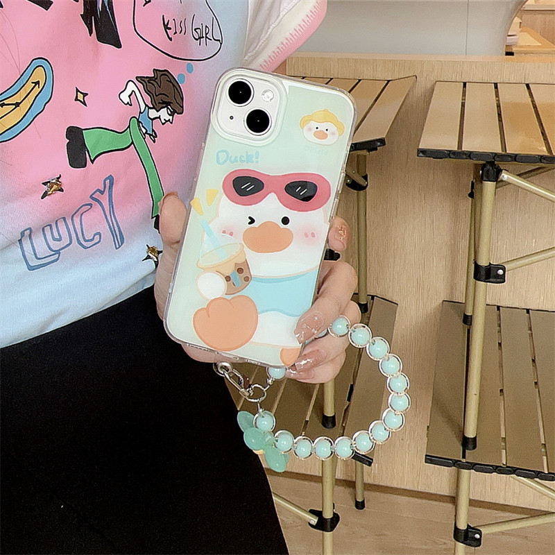韩风ins可爱卡通墨镜小鸭子喝奶茶手链挂绳14promax适用iPhone15苹果12手机壳13pro双层印花11保护套女怎么看?