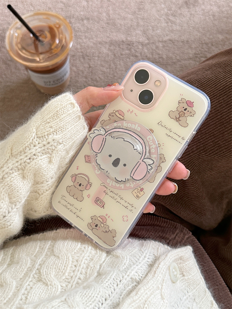 日韩ins卡通可爱奶萌戴耳机考拉支架15promax适用iPhone14苹果13pro磁吸卡包12手机壳保护套双层印花女款防摔