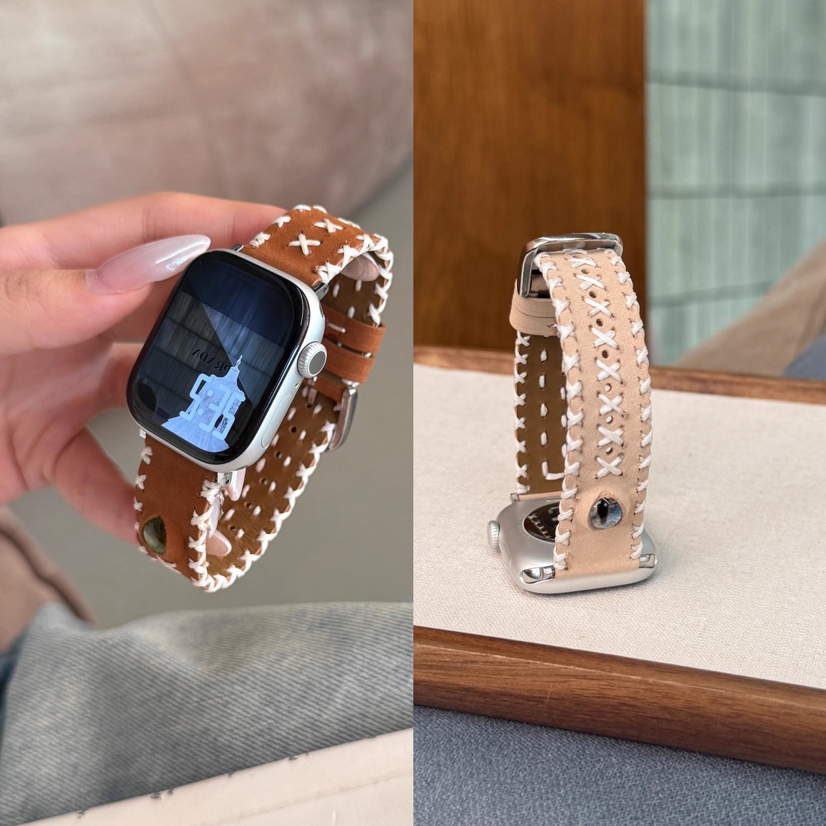 适用苹果iwatch女款表带猫眼缝线