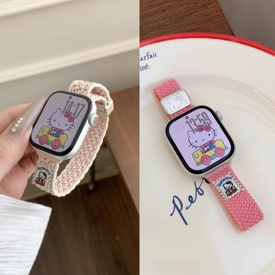 适用苹果凯蒂猫弹力编织手表表带