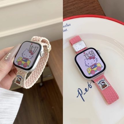 可爱凯蒂猫kt弹力编织表带适用s10苹果手表iwatch987se65尼龙回环