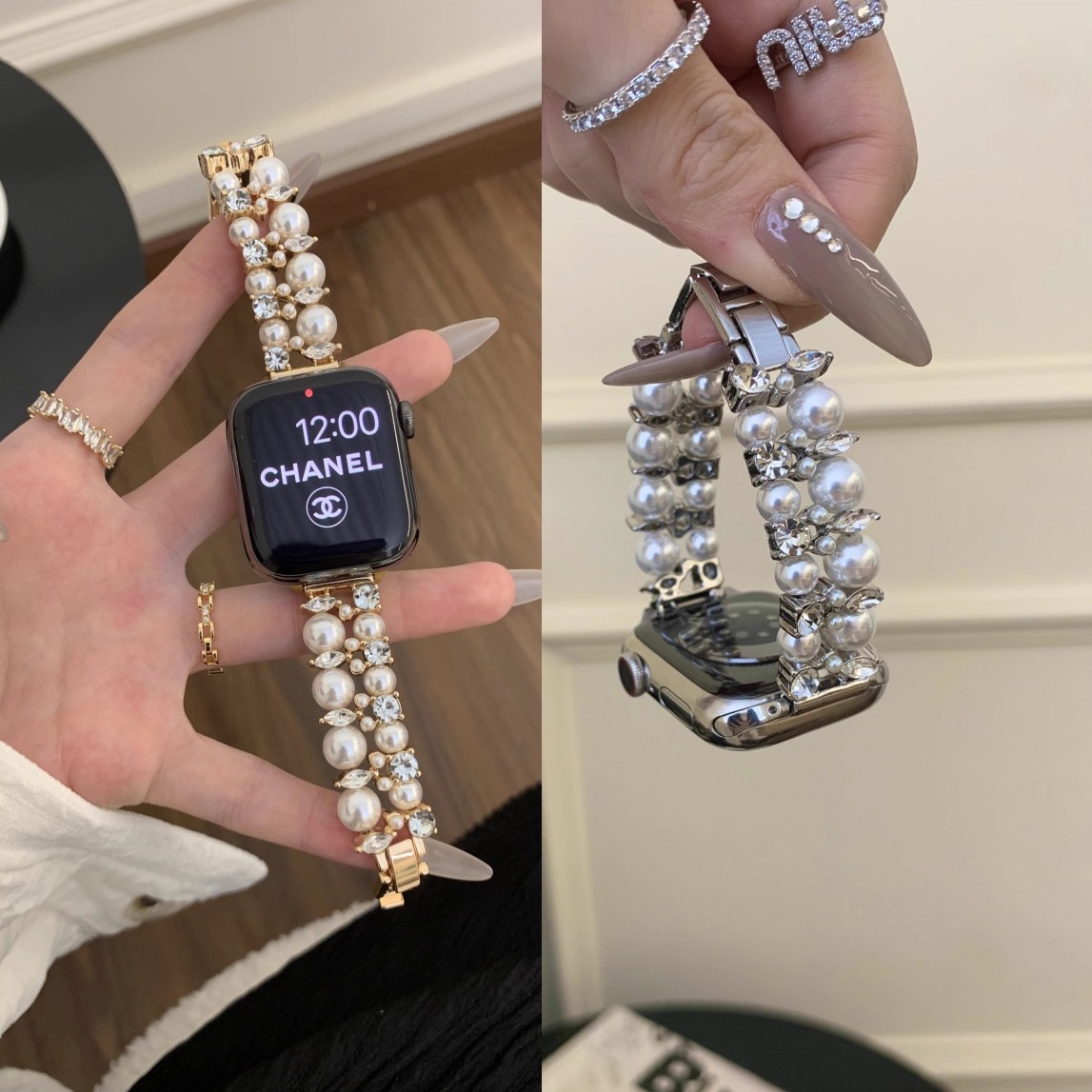 适用苹果高级感小香风珍珠钻表带