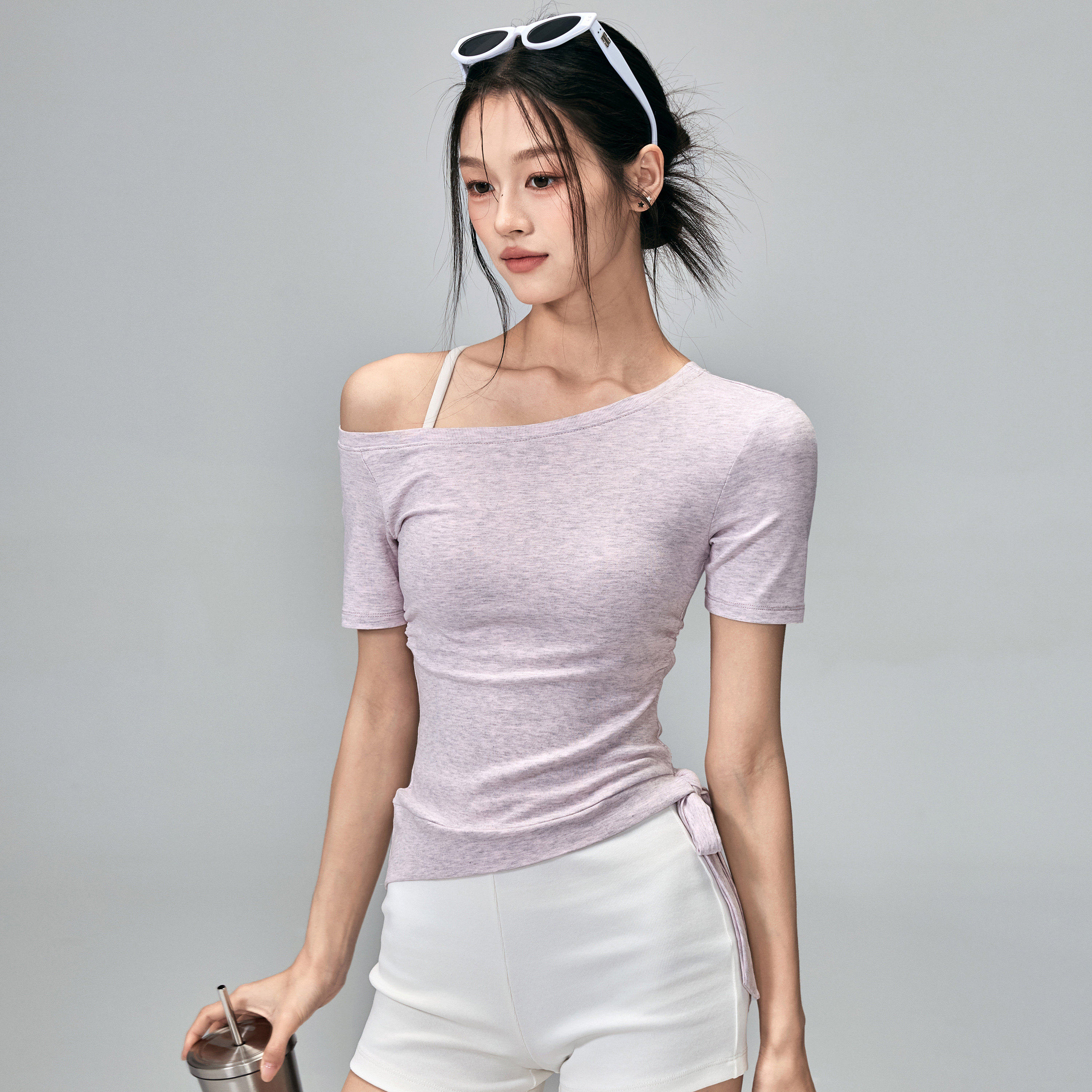 健身女孩斜肩瑜伽服短袖修身弹力普拉提训练气质露肩运动上衣夏季