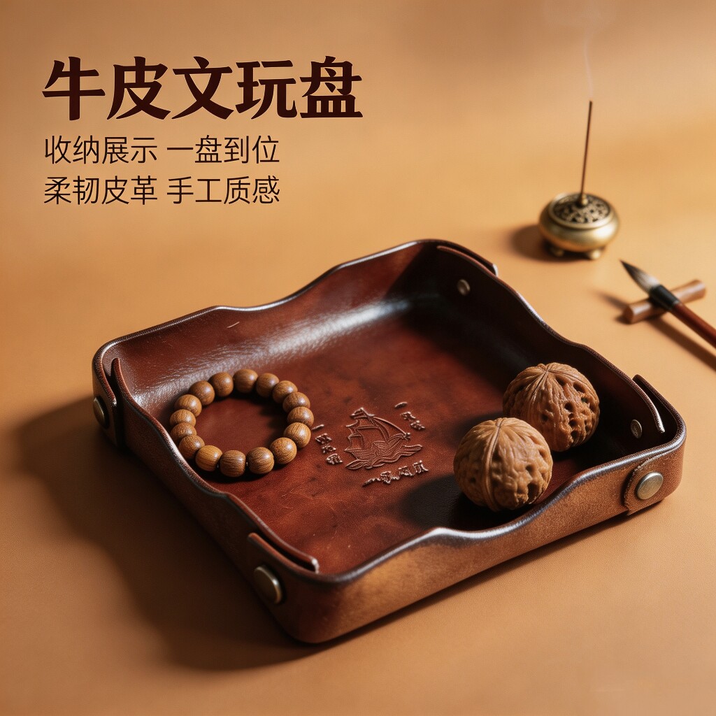 创意手工牛皮展示盘醒草盘头层牛皮铜模热压LOGO批量订制款