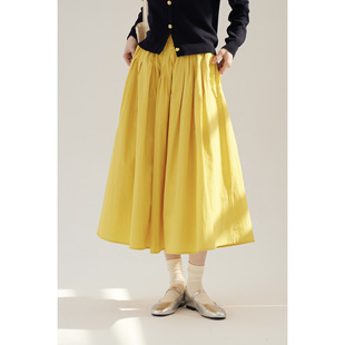 Sullenger 25秋季明黄色半身裙新疆长绒棉松紧褶裥大摆伞裙百褶裙