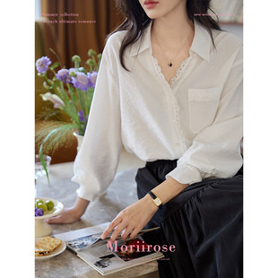 Moriirose 白色翻领花边天丝长袖衬衫女夏季法式复古通勤气质上衣