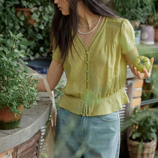 solighter 法式莱赛尔v领荷叶边衬衫女夏季2026新款花边收腰小衫
