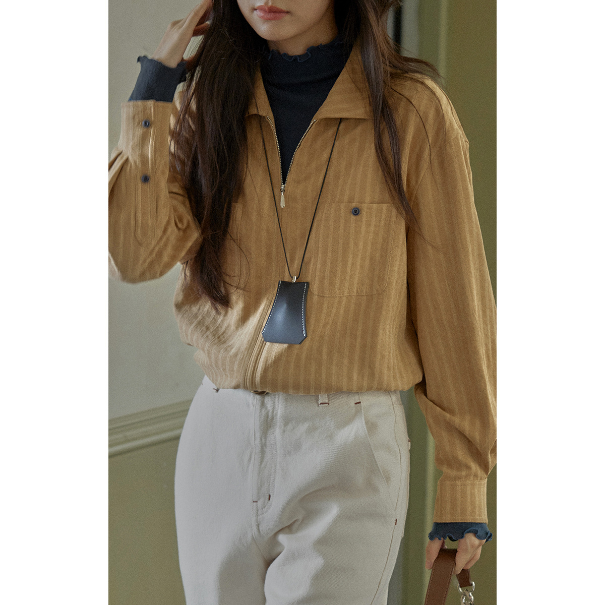 法式复古条纹拉链衬衫女