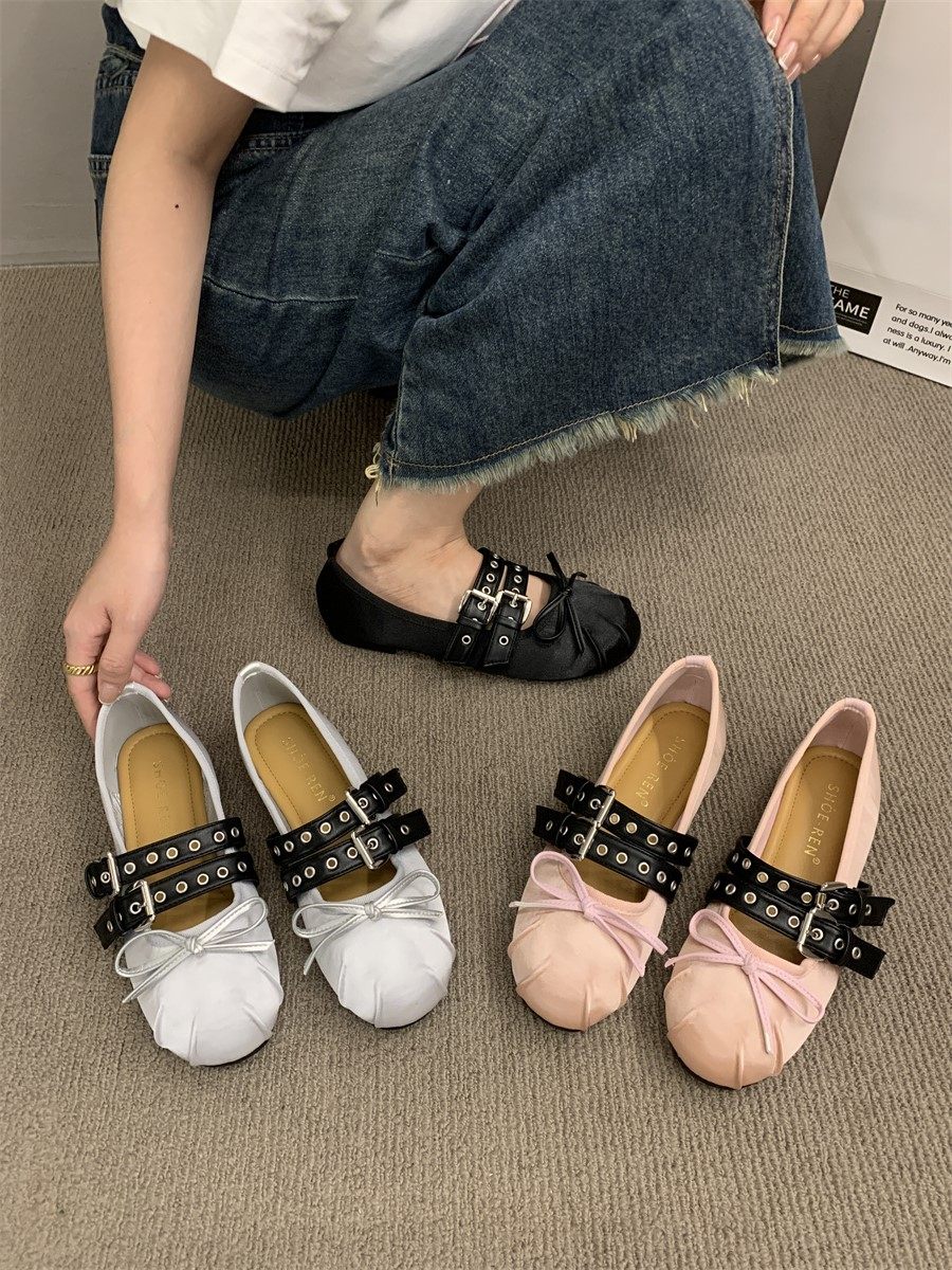 플랫 메리 제인 신발 여성 신발 2024 봄과 가을 새로운 새틴 라운드 발가락 활 얕은 입 프랑스 발레 신발