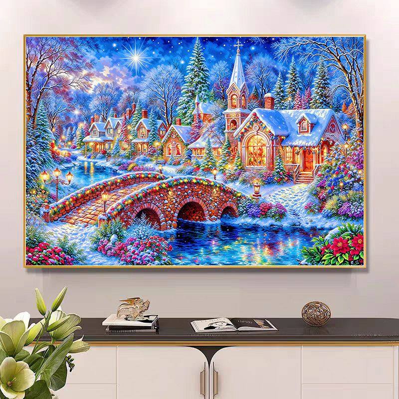 带框钻石画满钻方钻手工贴钻绣欧式卧室客厅风景乡村雪景小屋新款,居家布艺,钻石绣,淘宝优惠券,粉丝福利购,淘宝优惠卷