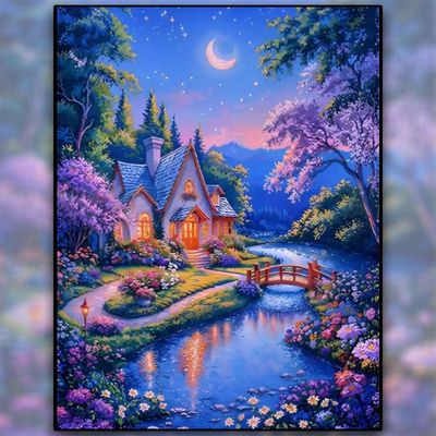 带框钻石画满钻方钻手工贴钻绣欧式卧室客厅风景湖边小屋紫色新款
