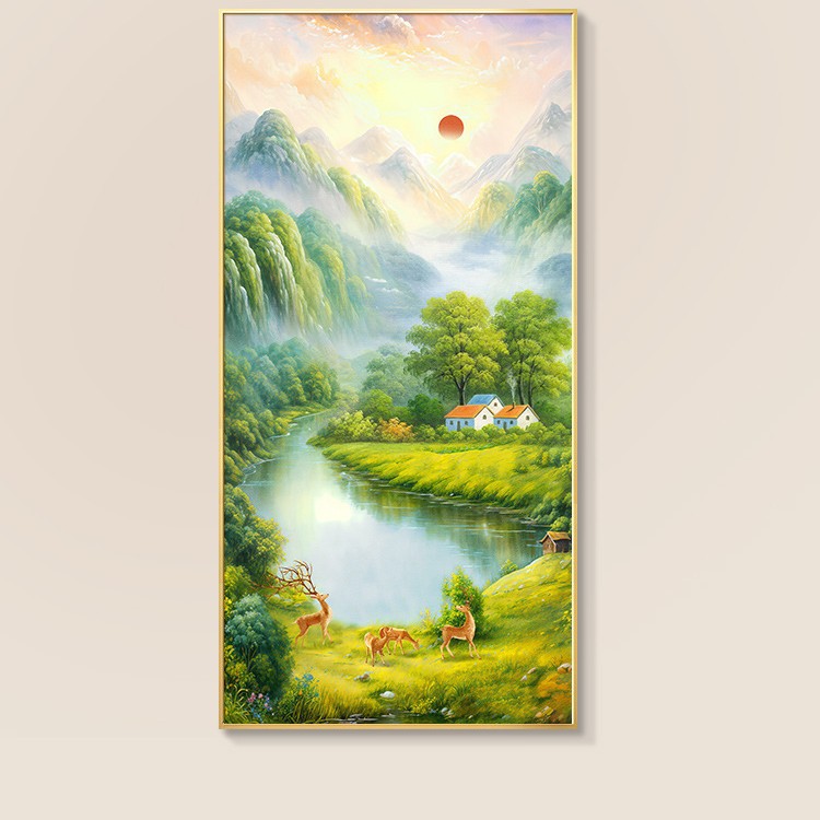 钻石画满钻圆钻方钻手工贴钻绣客厅玄关竖版日照金山绿水长流新款