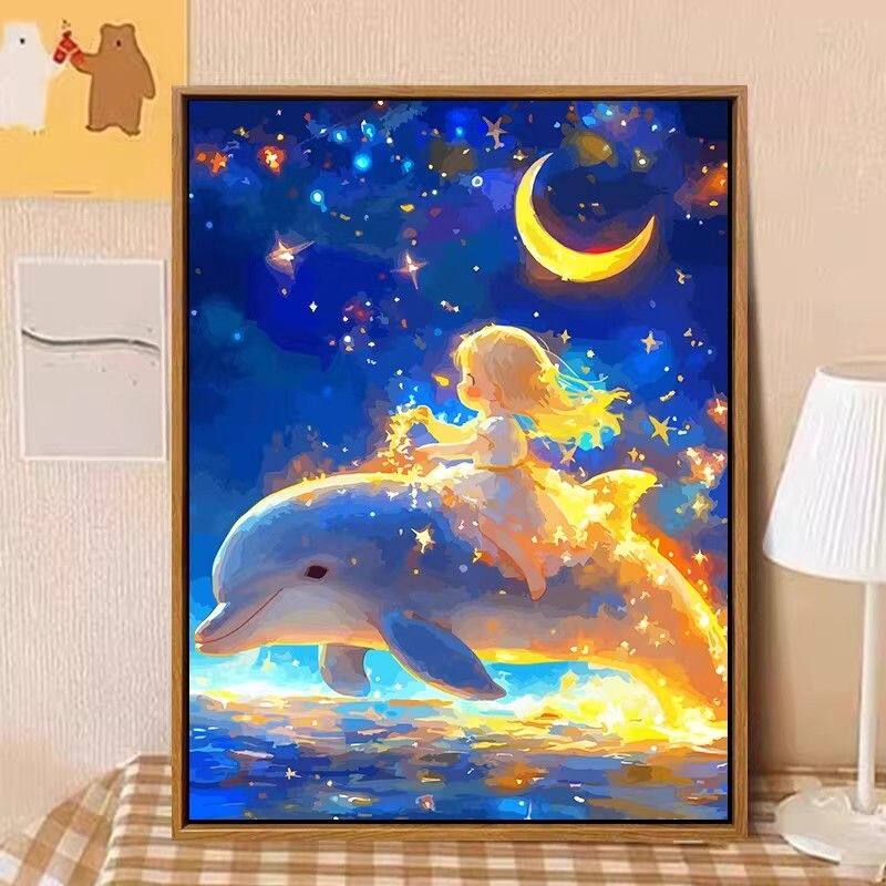 带框钻石画满钻方钻儿童手工贴钻绣欧式卧室客厅卡通海豚女孩新款