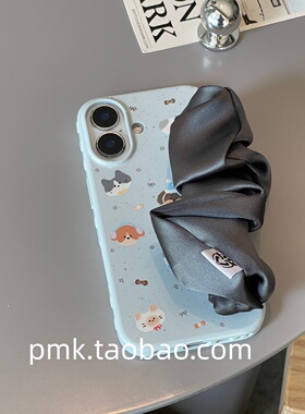 ins海盐蓝色卡通音乐帽子小狗丝巾手腕带弹力丝绸适用苹果17promax手机壳iphone14小众15pro便捷手提16pro软