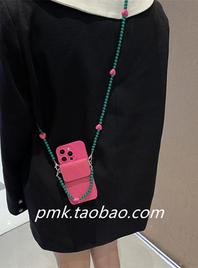 少女玫红色卡包适用苹果15promax手机壳iphone16斜挎12气质女款11皮质背包绳14pro小众13promax时尚x/xr/678p