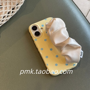 甜美少女奶黄波点丝巾腕带弹力适用苹果17promax手机壳iphone16/14pro高级感15便捷手腕带12女13promax保护套